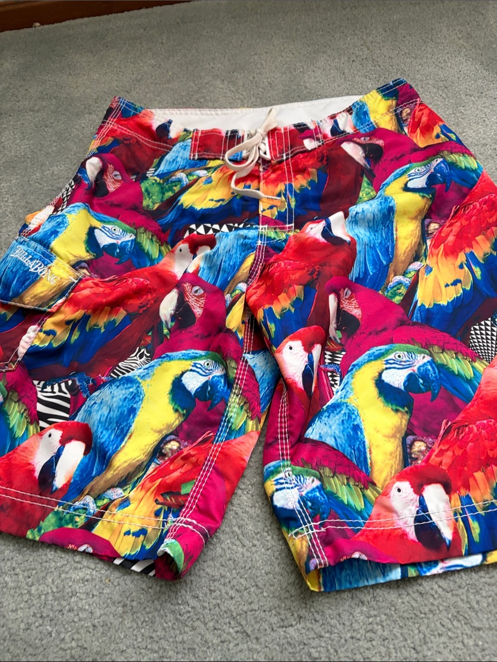Billabong Men’s Parrot Print Shorts in Red, Blue, Yellow, Green